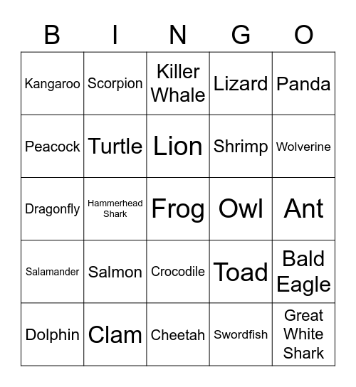 Animal Bingo Card