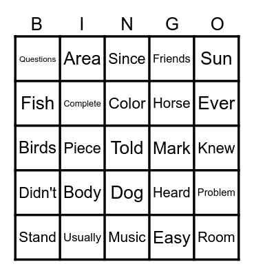 Sight Word Bingo Card