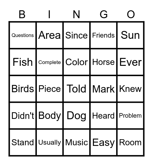 Sight Word Bingo Card