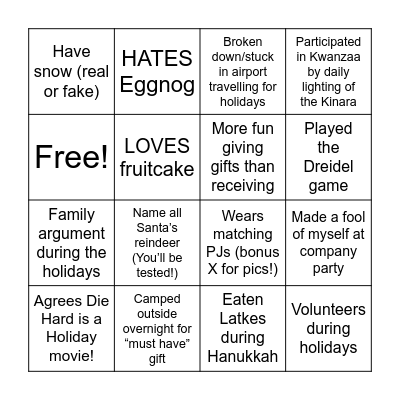 Human Experience Holiday "Bingo" Bingo Card