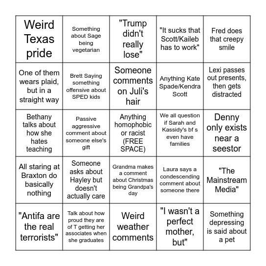 Shitty Family Christmas Bingo Card