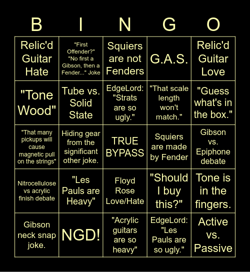 Guitar Related Facebook Group Bingo Card