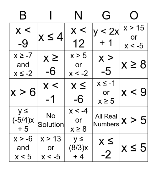 Inequality Bingo! Bingo Card