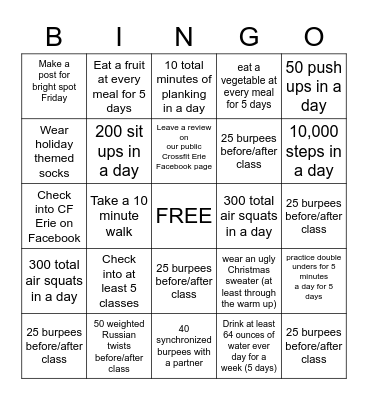 Crossfit Erie Bingo Card