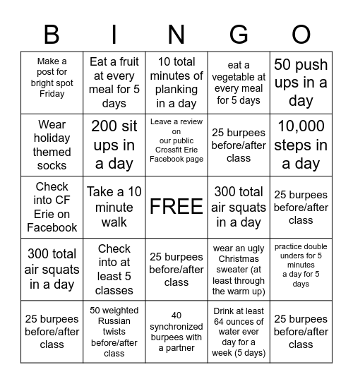 Crossfit Erie Bingo Card