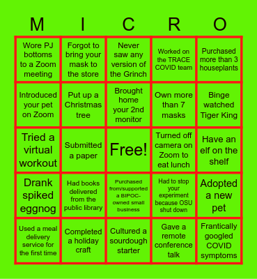 Microbiology Holiday Gathering 2020 Bingo Card