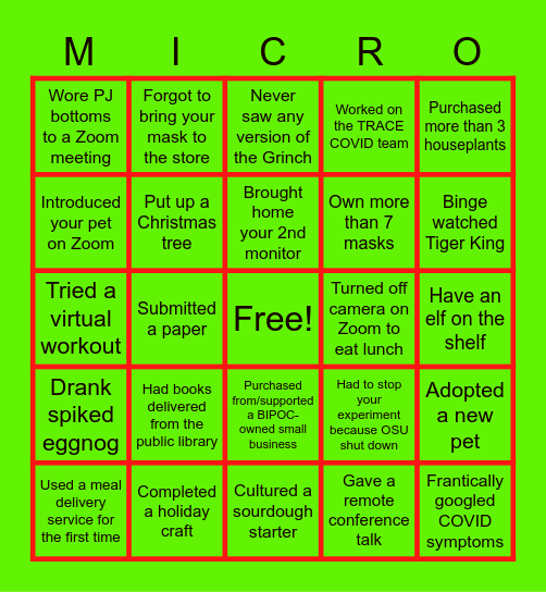 Microbiology Holiday Gathering 2020 Bingo Card