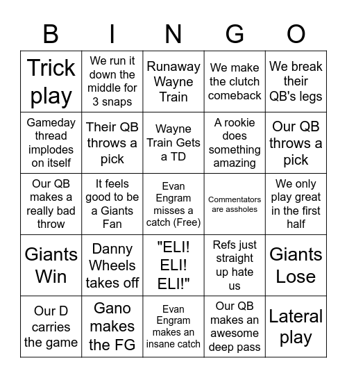 NY Giants Gameday Bingo Card