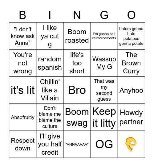 Omar-isms Bingo Card
