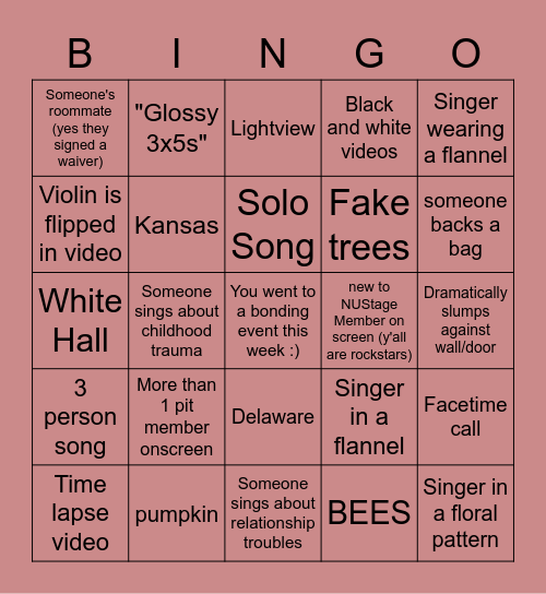 Fugitive Songs Bingo Card