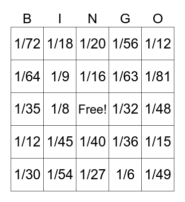 Dividing Unit Fractions Bingo Card