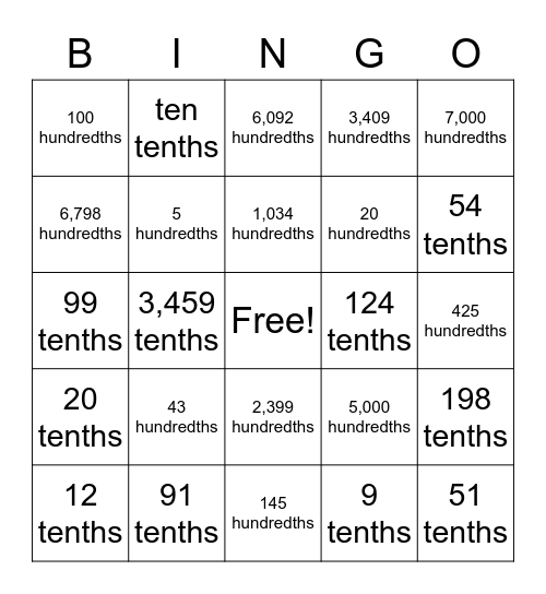 Decimals to Tenths/Hundredths Bingo Card