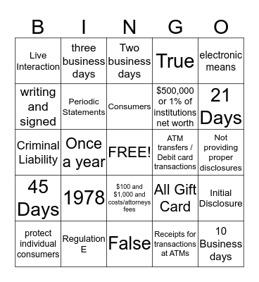 REG. E Bingo Card