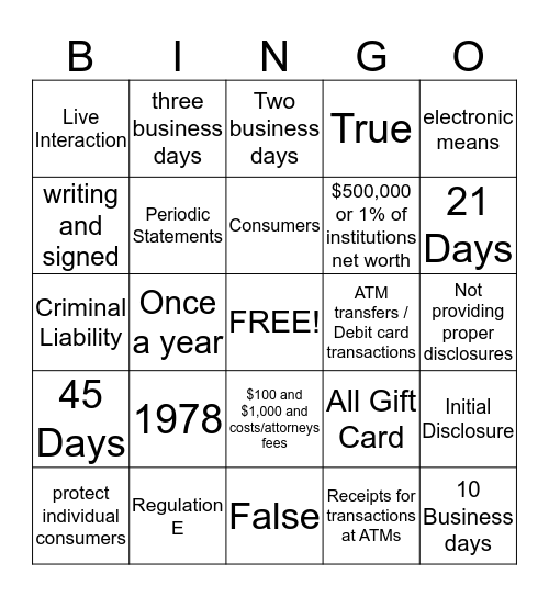REG. E Bingo Card