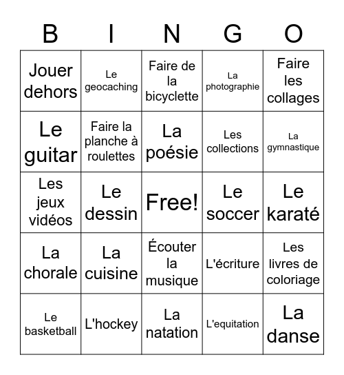 Les passe-temps Bingo Card