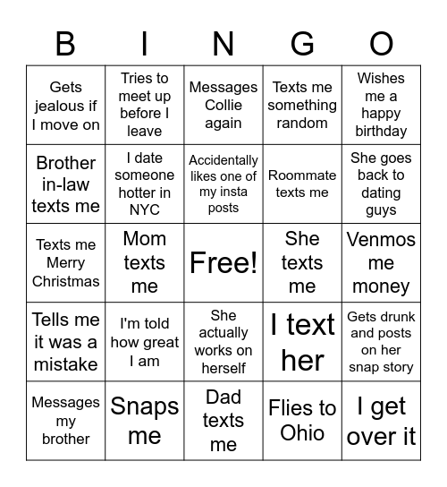 Breakup Bingo Card