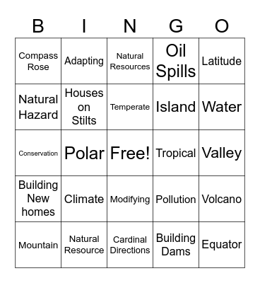 Physical Geography and Environment Bingo Card