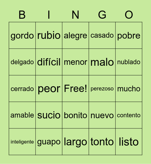 1101 Adjectives - Final Review Bingo Card