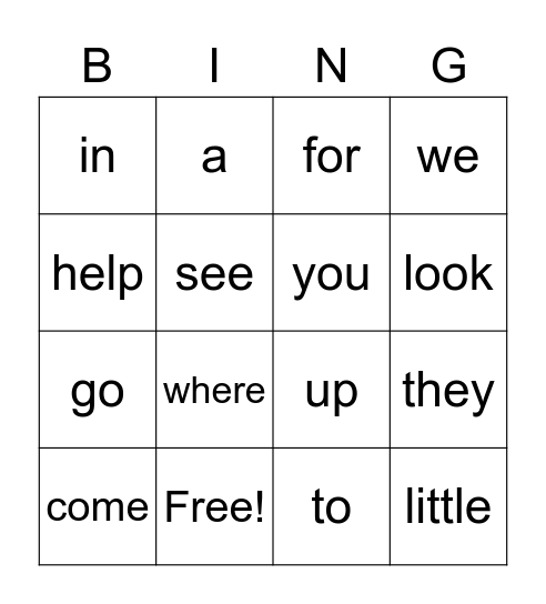 Sight Word Bingo Card