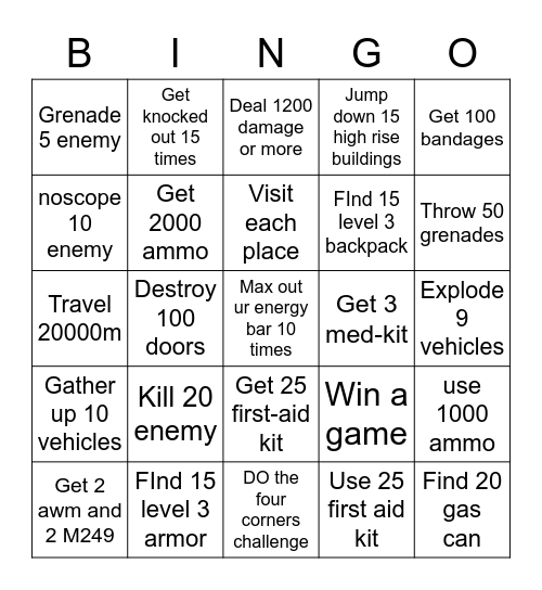 pubg Bingo Card