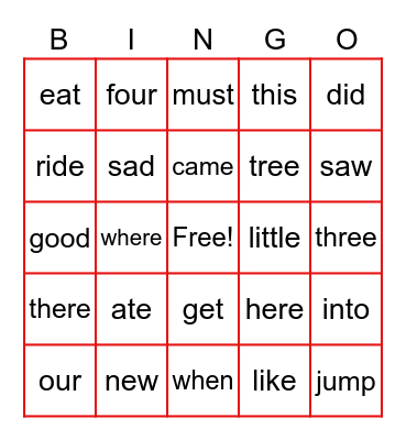 Sight Words  Bingo Card