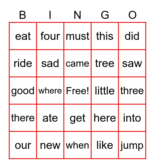 Sight Words  Bingo Card