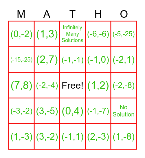 Equal Values Method Bingo Card