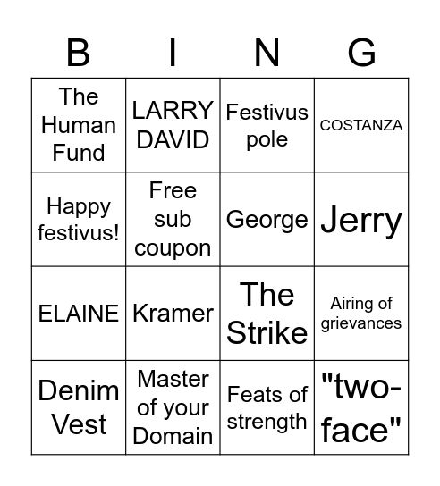 Seinfeld Festivus Bingo Card