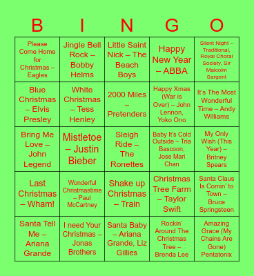 AKT Christmas Music Bingo Card