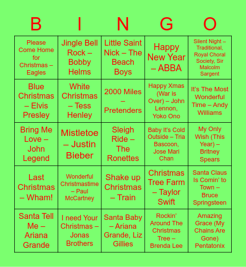 AKT Christmas Music Bingo Card