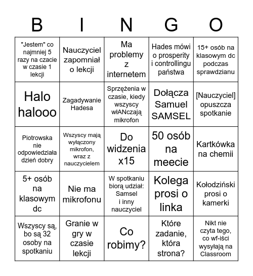 Lekcje zdalne bingo Card