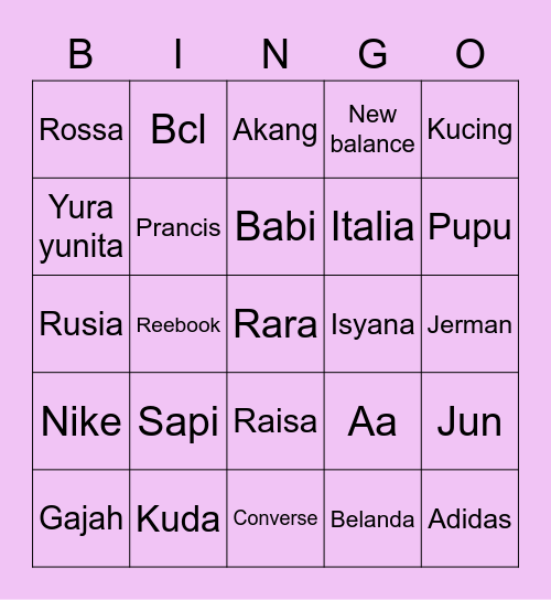 Punya rara jlek Bingo Card
