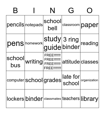 Study Skills Bingo Card