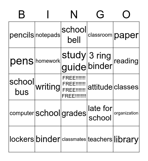 Study Skills Bingo Card