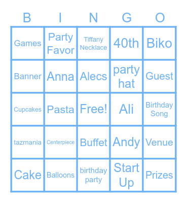 Anne's 40th Birthday Bingo Card