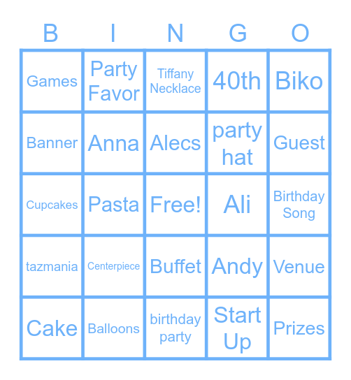 Anne's 40th Birthday Bingo Card