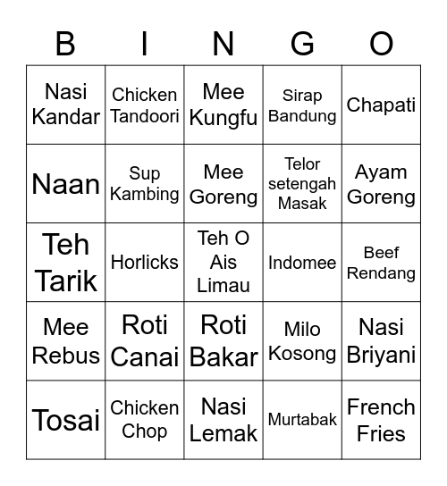 Mamak Food Bingo Card