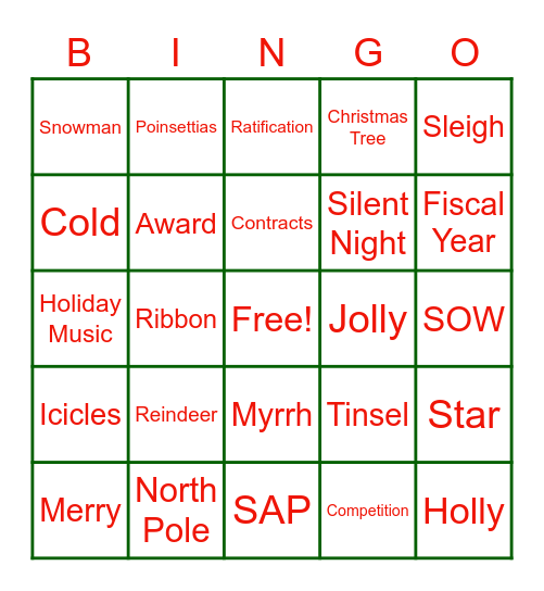 NAF CONTRACTING HOLIDAY BINGO Card