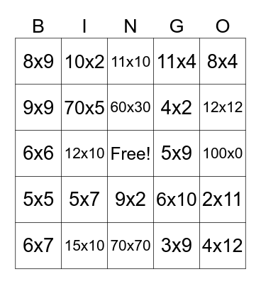 Multiplication Facts & Multiples of 10 Bingo Card