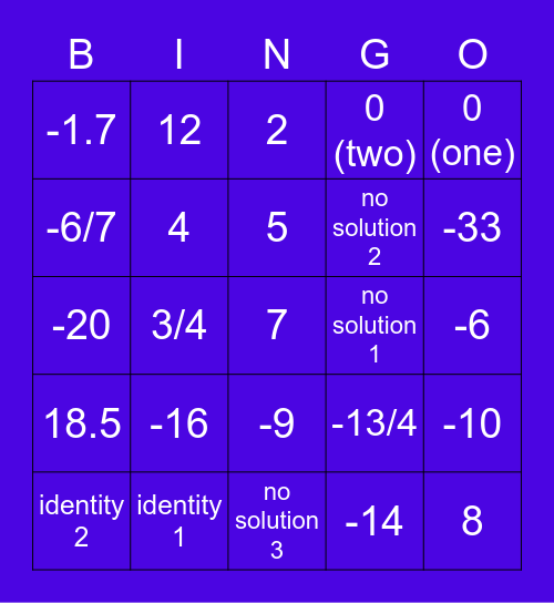Solving Equations Bingo 2 (Kuta) Identity/NS Bingo Card