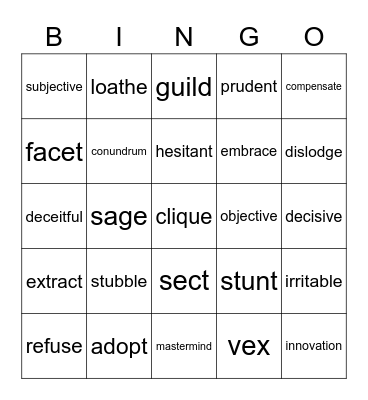 5th Grade WordMaster Challenge February 2021 Bingo Card