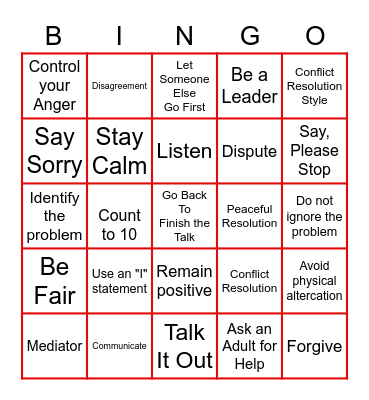 Teen Leadership Conflict Resolution Bingo Card
