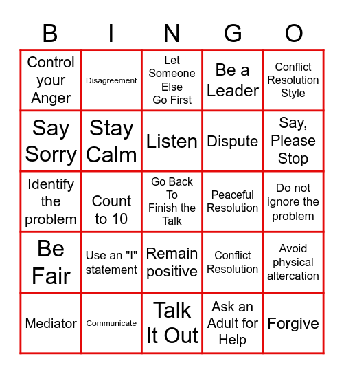 Teen Leadership Conflict Resolution Bingo Card