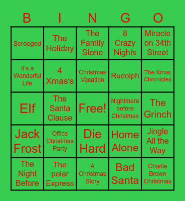 Holiday Movies Bingo Card