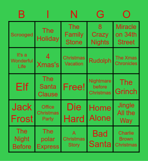 Holiday Movies Bingo Card