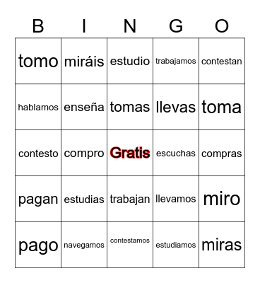 -ar verbs Bingo Card