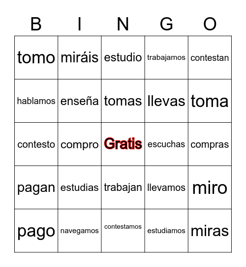 -ar verbs Bingo Card