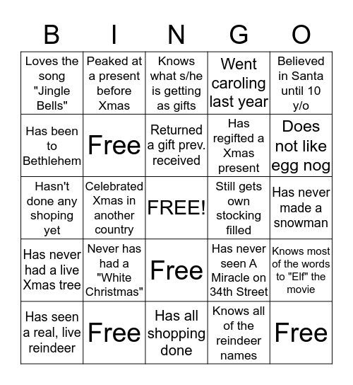 After School at Jain Lane Holiday Party Bingo Card