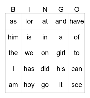 Kindergarten Sight Words Bingo Card