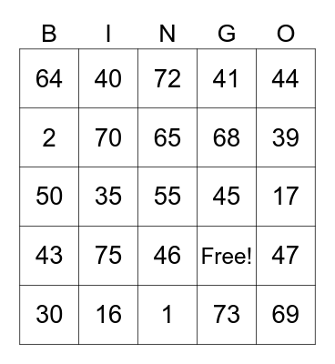 Numbers 1-75 Bingo Card